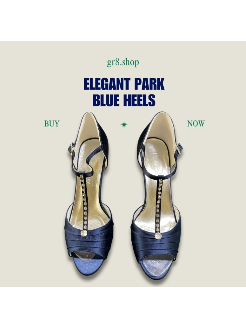 ELEGANT PARK Womens Blue Satin Rhinestone T-Strap Heels Size 7 Open Toe Design